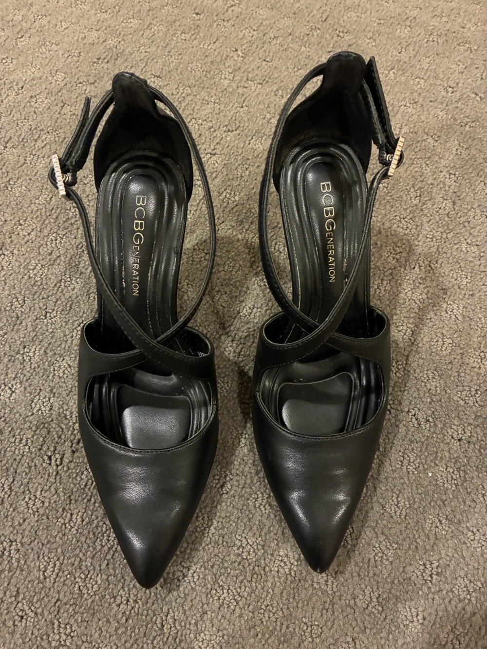 BCBGeneration Black Pointed Toe Crisscross Ankle Strap Heels